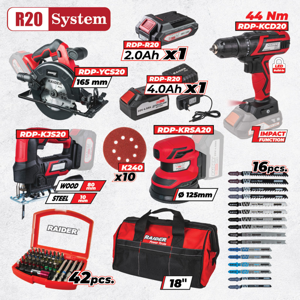 Raider R20 set masina de gaurit, circular, slefuitor si pendular 2.0+4.0Ah + Accesorii RDP-BXS12