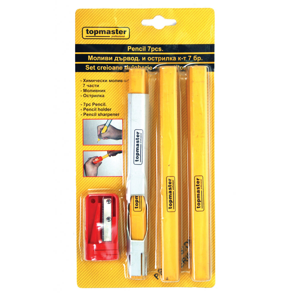 Top Master Pro Set 7 creioane de tamplarie lemn cu ascutitoare TMP