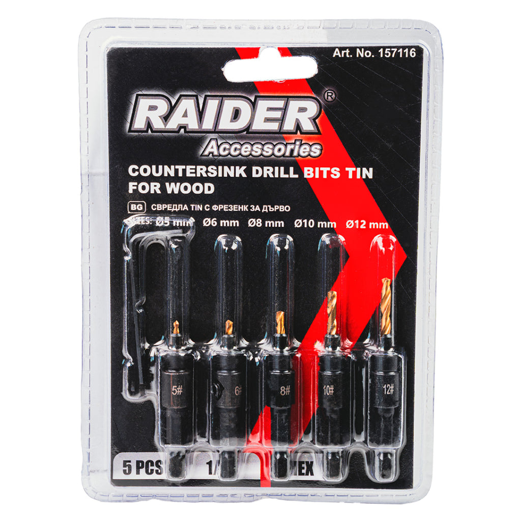 Raider Accessories Set 5 burghie lemn ¼" hex ø5-12mm surub ingropat