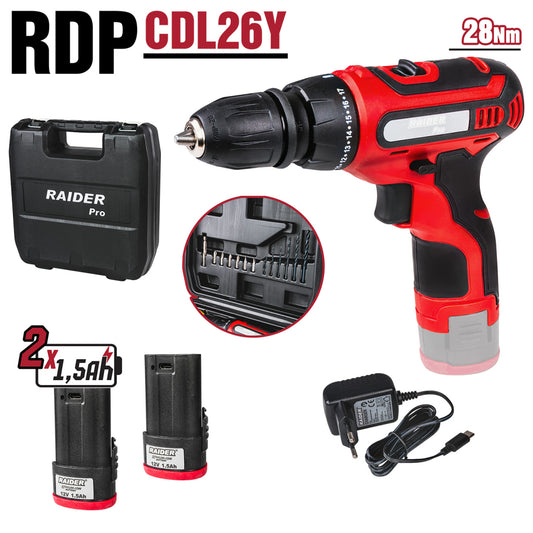 Raider Masina de gaurit si insurubat 12V 2x1.5Ah 28Nm RD-CDL26