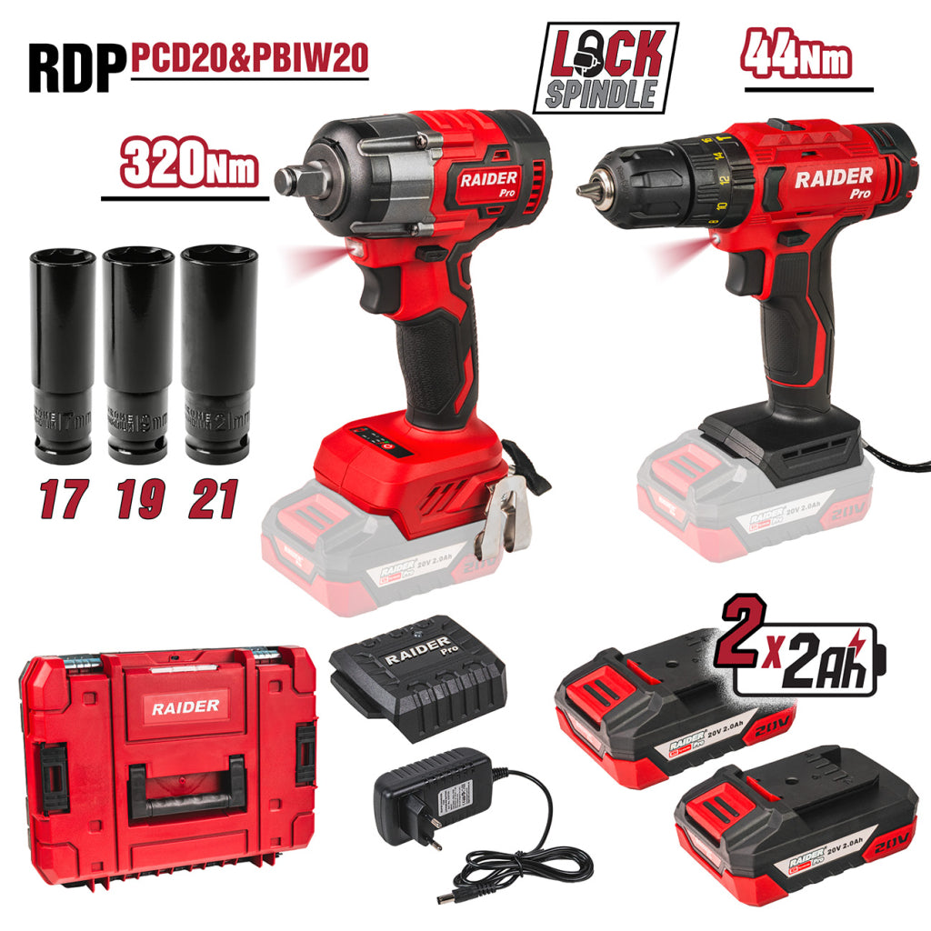 Raider R20 trusa bormasina si masina insurubat cu impact 1/2" 320Nm 2x2.0Ah RDP-PCDIW20