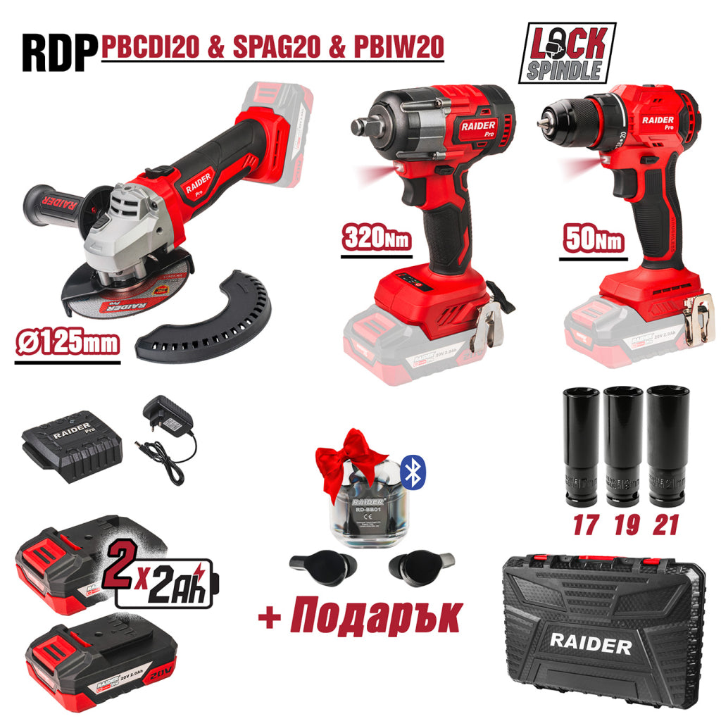 Raider R20 trusa bormasina polizor unghiular cheie impact si casti bluetooth cadou 20V 2x2Ah RDP