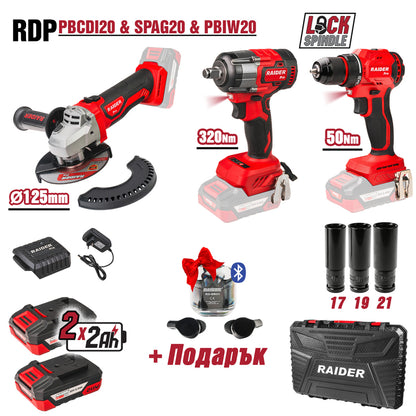 Raider R20 trusa bormasina polizor unghiular cheie impact si casti bluetooth cadou 20V 2x2Ah RDP