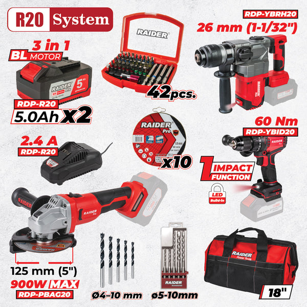 Raider R20 set masina de gaurit, rotopercutor si flex + 2x5Ah + Accesorii RDP-BXS1