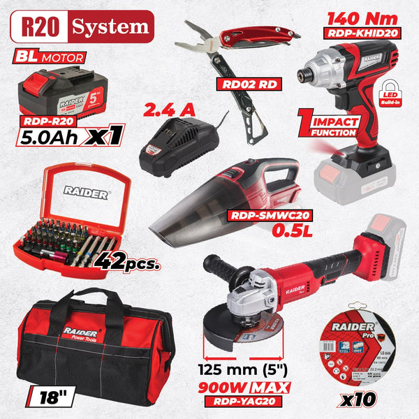 Raider R20 set cheie cu impact, flex si aspirator 5.0Ah + Accesorii RDP-BXS3