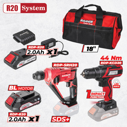 Raider Pro R20 Set 3 unelte BL 2x2Ah + geanta RDP-BXS9