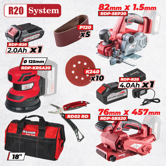 Raider R20 set rindea si 2 slefuitorare 2.0 + 4.0Ah + Accesorii RDP-BXS11