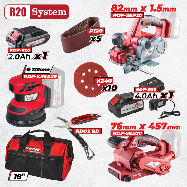 Raider R20 set rindea si 2 slefuitorare 2.0 + 4.0Ah + Accesorii RDP-BXS11