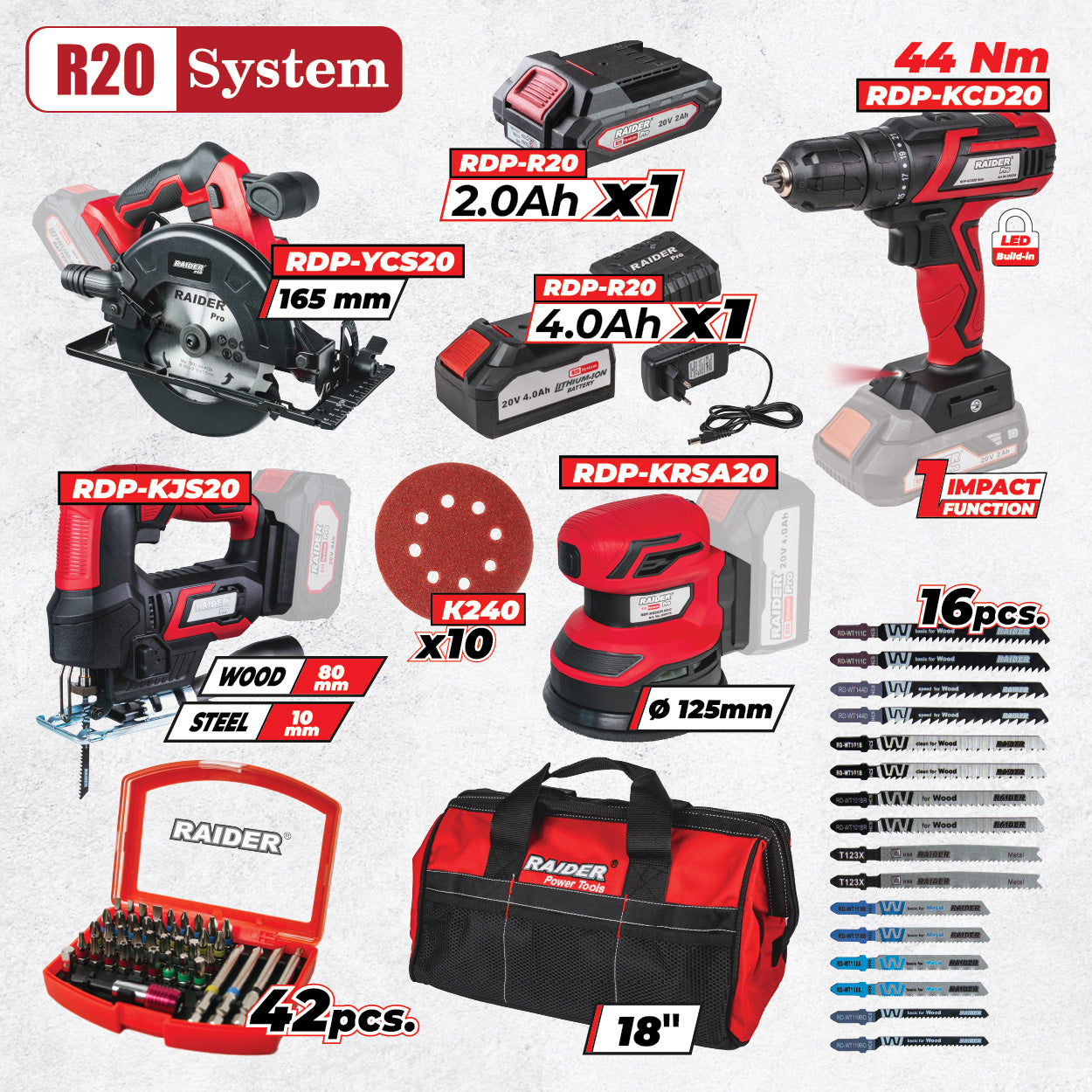 Raider R20 set masina de gaurit, circular, slefuitor si pendular 2.0+4.0Ah + Accesorii RDP-BXS12