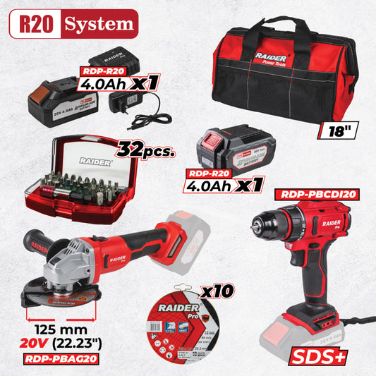 Raider Pro R20 Set 3 unelte BL 2x4Ah + 2 genti RDP-BXS14