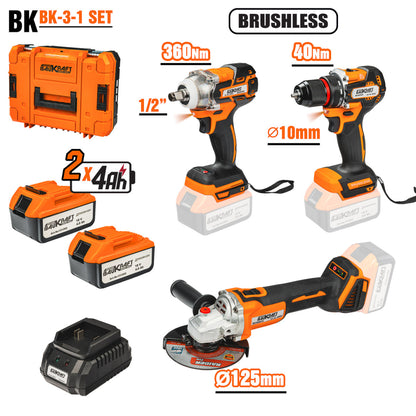 Baukraft Set polizor BL, cheie, masina de gaurit 18V 2x4Ah cutie BK-3-1