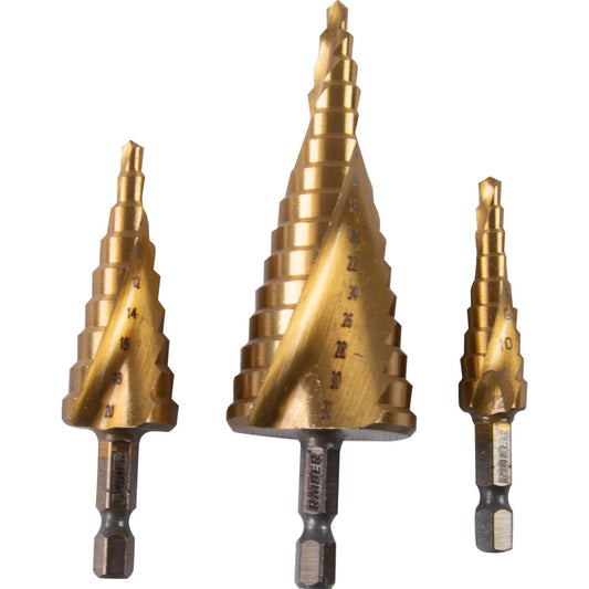 Raider Accessories Set 3 burghie conice in trepte ¼" HSS+TIN ø4-32mm