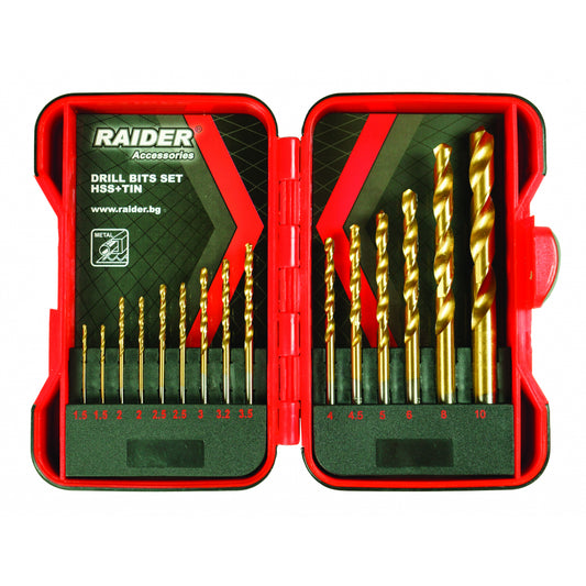 Raider Accessories Set 15 burghie metal HSS+TIN ø1.5-10mm RD