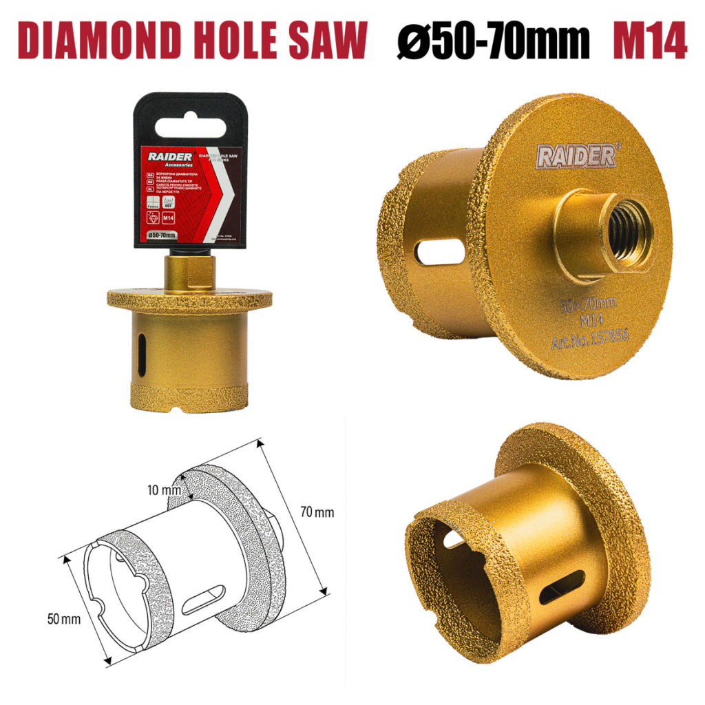 Raider Accessories Freza diamantata pentru gaurit ceramica M14 ø50x70mm
