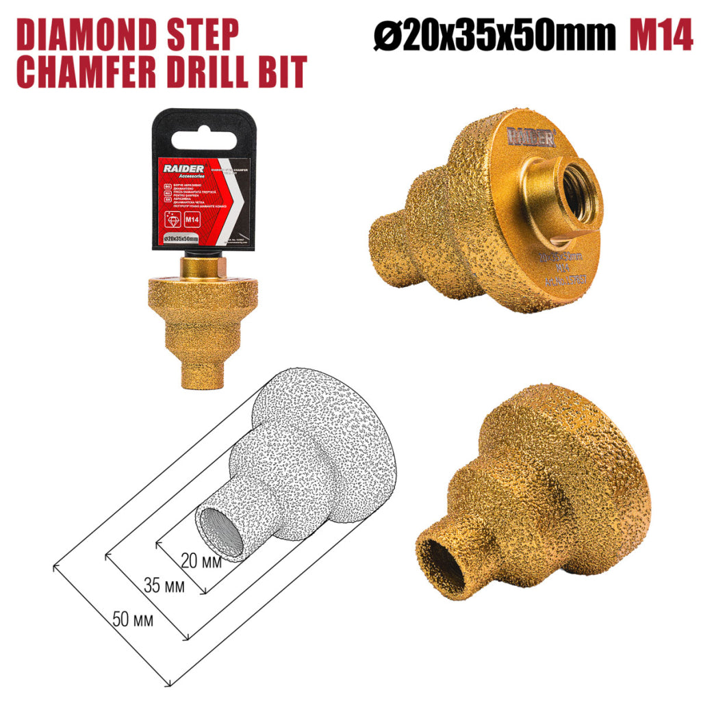 Raider Accessories Freza diamantata in trepte pentru gaurit ceramica M14 ø20-70mm