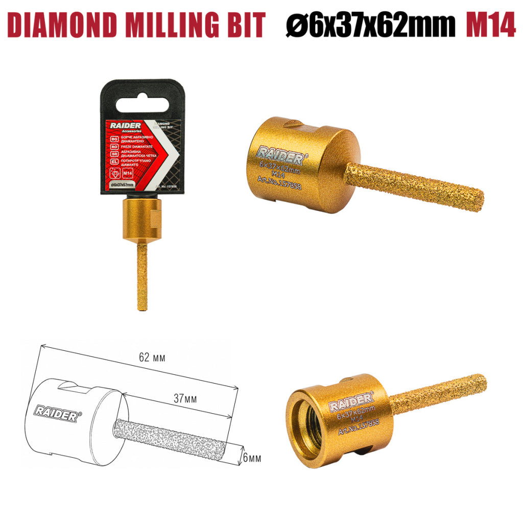 Raider Accessories Freza diamantata tip bit pentru gaurit ceramica M14 ø6x37x62mm