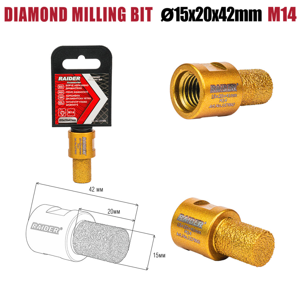 Raider Accessories Freza diamantata tip bit pentru gaurit ceramica M14 ø15x20x42mm