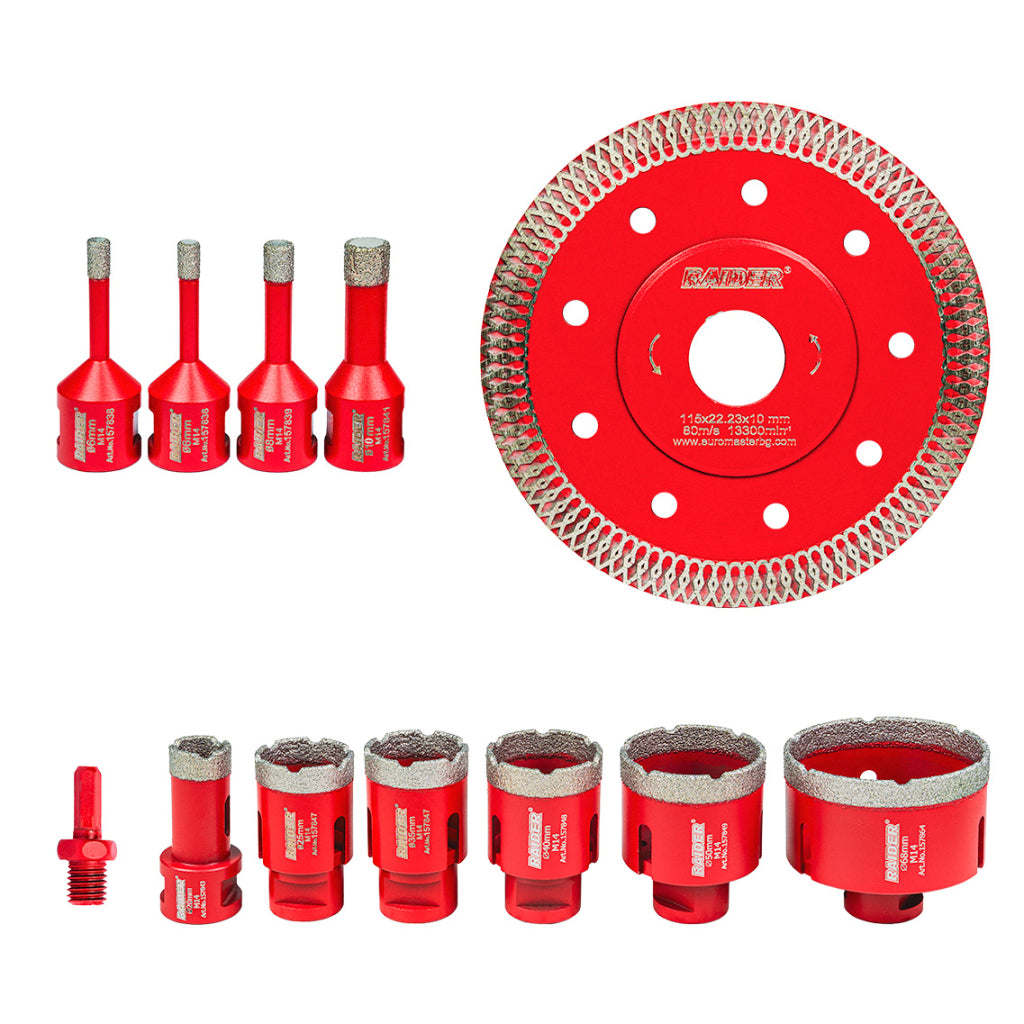 Raider Accessories Set 11 carote diamantate M14 ø6-68mm si disc cutie aluminiu