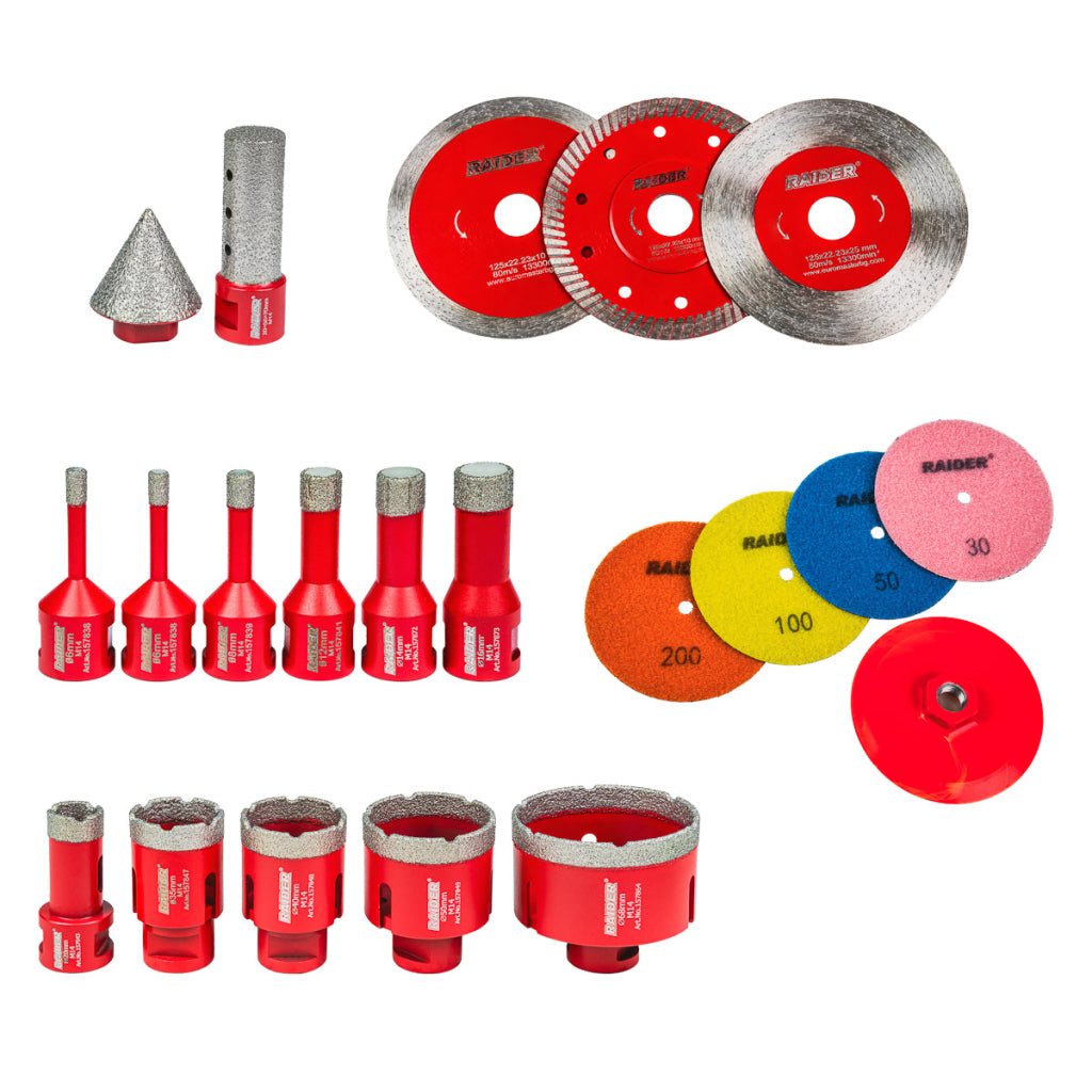 Raider Accessories Set 21 piese carote diamantate M14 ø6-68mm si discuri cutie aluminiu