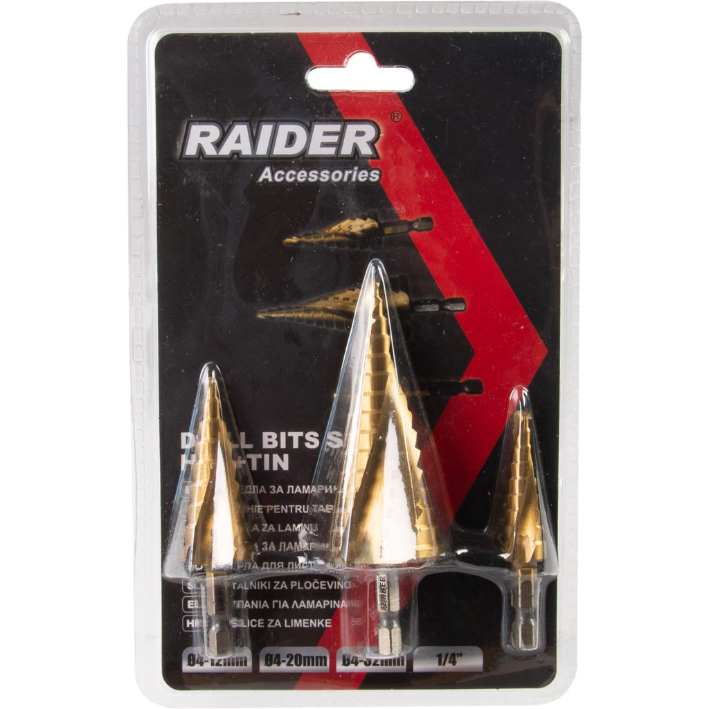 Raider Accessories Set 3 burghie conice in trepte ¼" HSS+TIN ø4-32mm