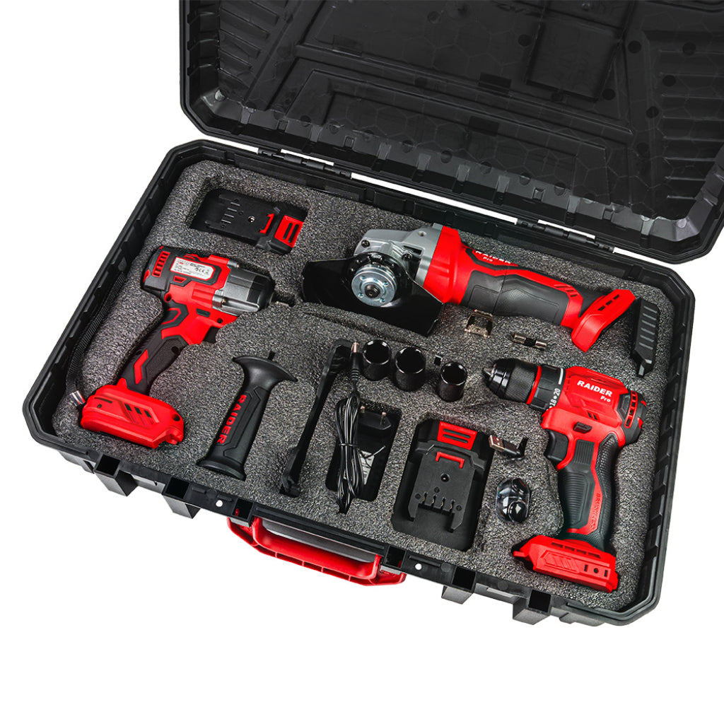 Raider R20 trusa bormasina polizor unghiular cheie impact si casti bluetooth cadou 20V 2x2Ah RDP