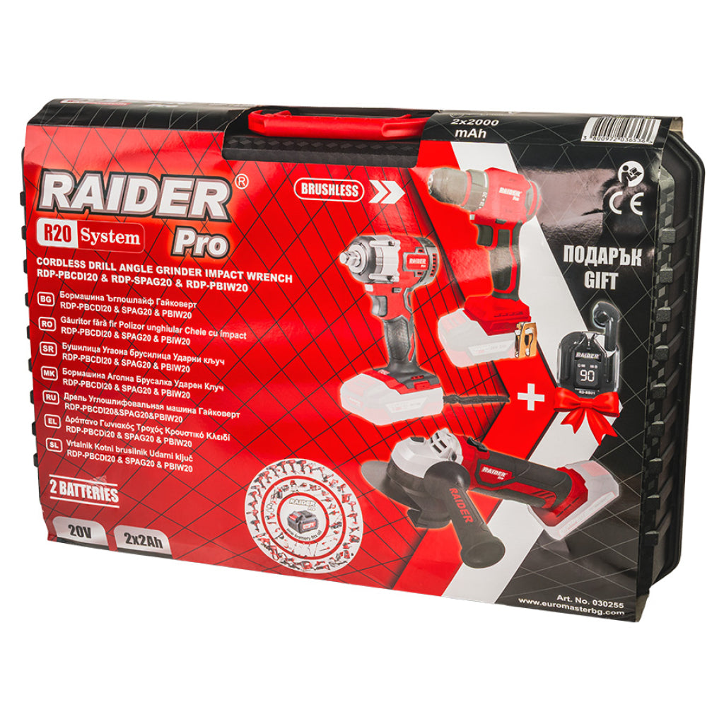 Raider R20 trusa bormasina polizor unghiular cheie impact si casti bluetooth cadou 20V 2x2Ah RDP