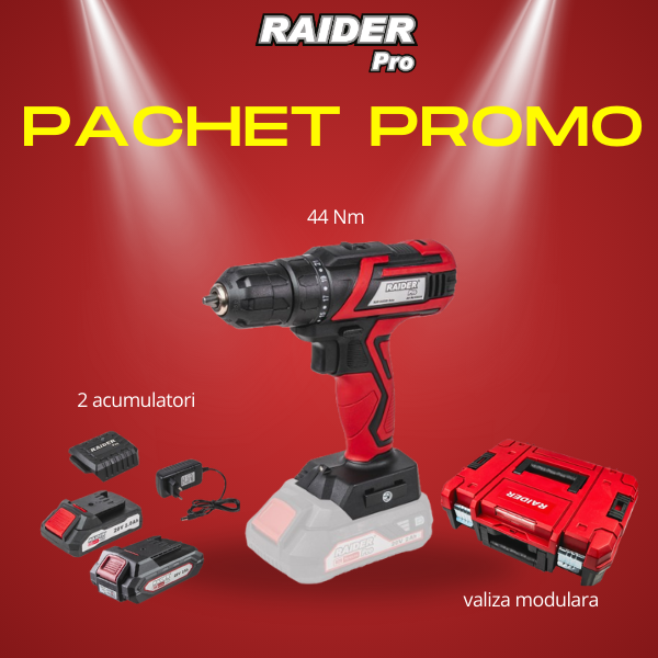 Raider R20 Masina de gaurit si insurubat 20V, 2 acumulatori si valiza, 44Nm, RDP-KCD20